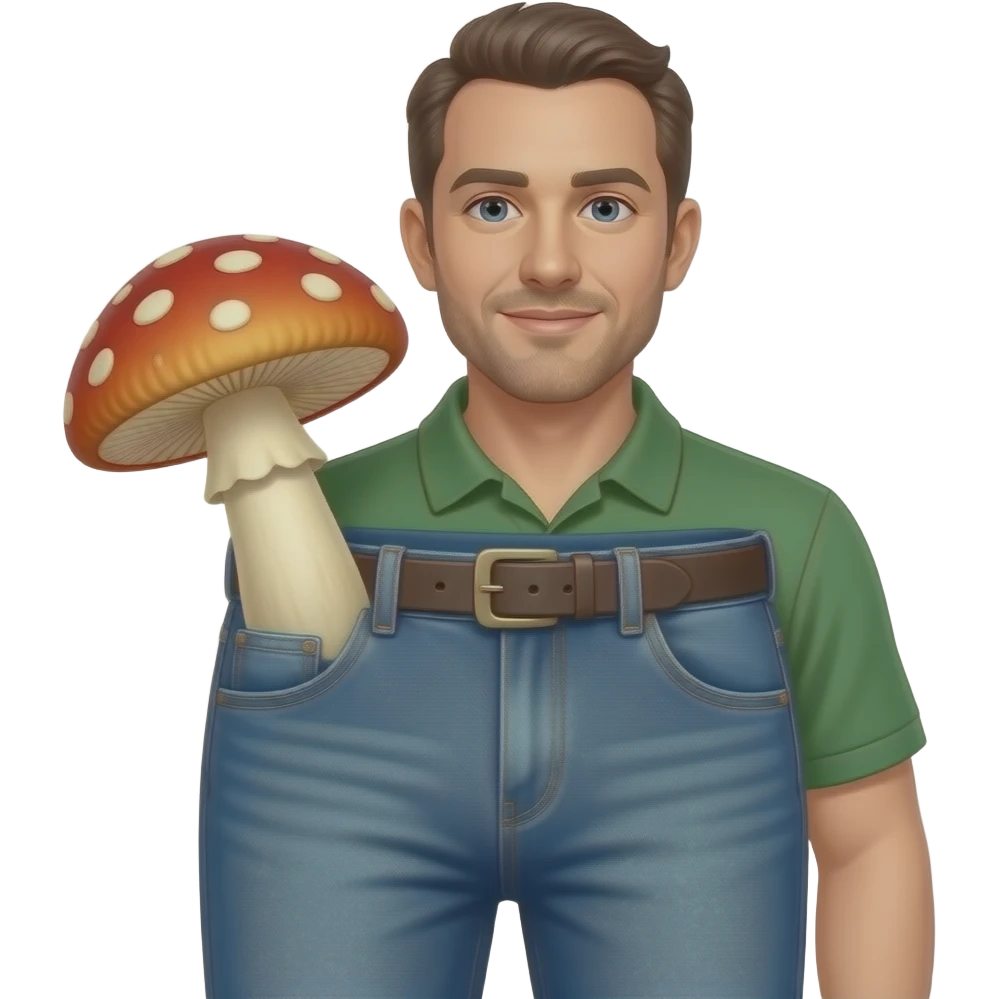 man with large mushroom sticking out of his pants emoji