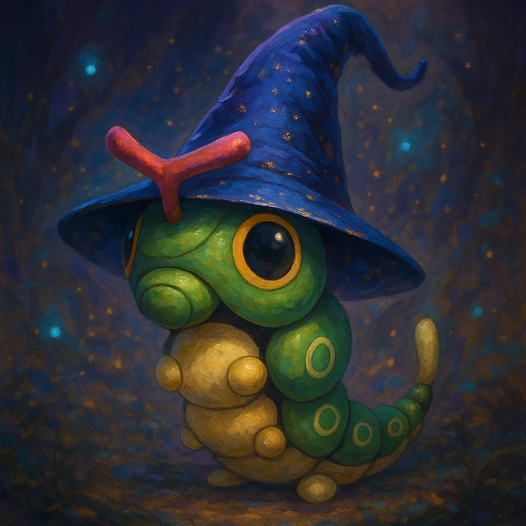Caterpie wearing a wizard hat, magical fantasy style emoji