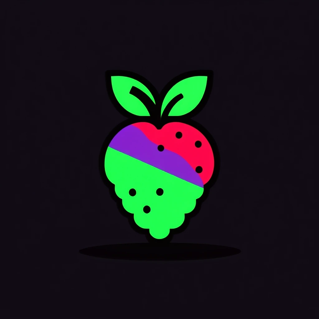 2D logo of a Stenocereus fruit, stylized like the Raspberry Pi logo: simple, flat, bold black outlines, bumpy round fruit with green, purple, and red patches, two green leaves on top emoji