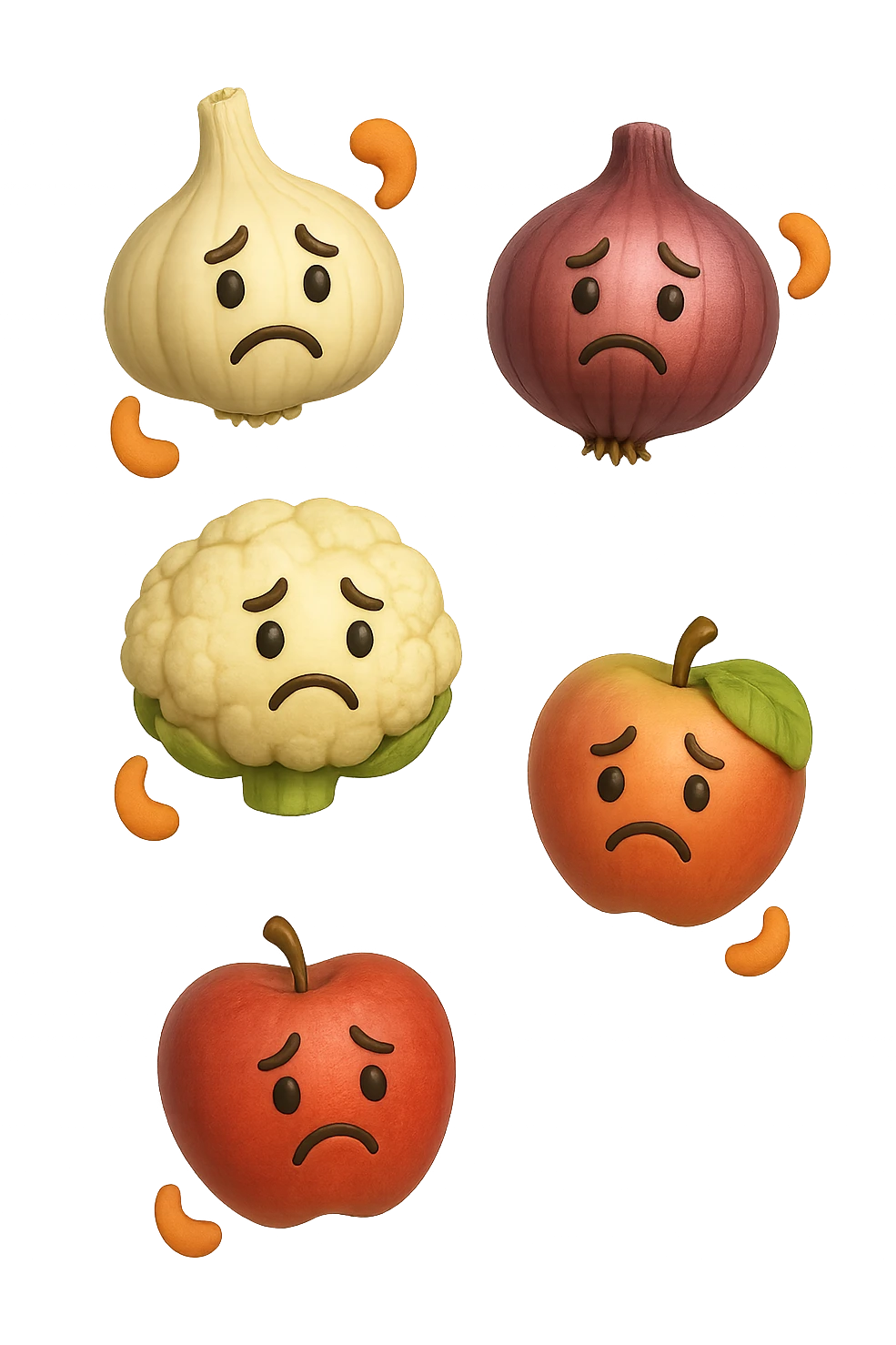 EMOJI STILE IPHONE DI aglio, cipolle, cavolfiore e mele che cadono verticalmente dall'alto con espressione triste con pezzi di colon avvolti intorno, IPERREALISTICO 4K emoji