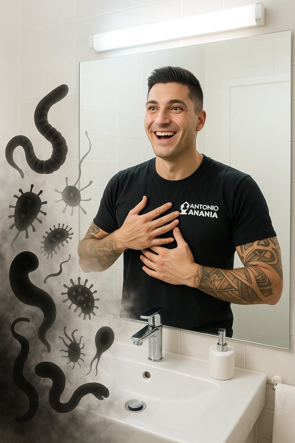 a man stands in a brightly lit bathroom, looking relieved and revitalized as he examines his reflection in the mirror. In the foreground, stylized, shadowy images of parasites (such as worms or protozoa) are shown leaving his body, dissolving into mist or fading away. His posture is upright and his expression is one of newfound energy and health. emoji