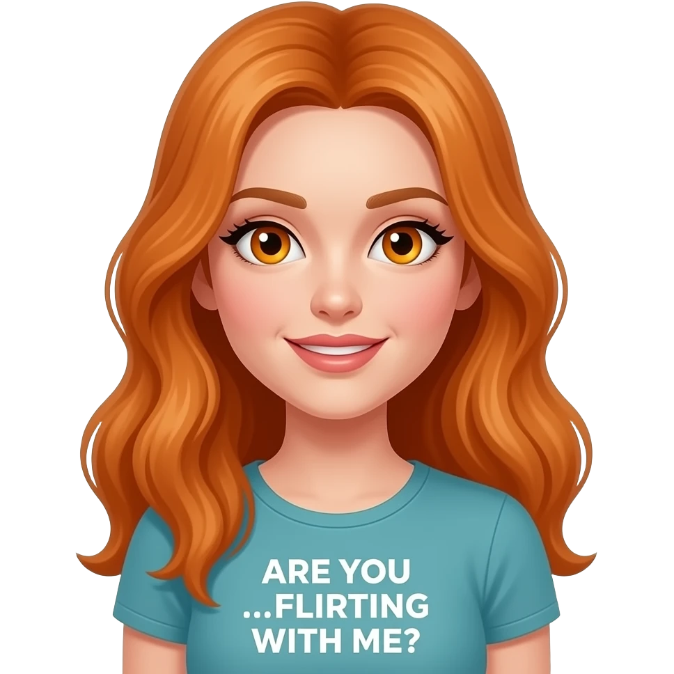sexy girl with long ginger hair and ginger eyes a top with ARE YOU ...FLIRTING WITH ME? written on it emoji