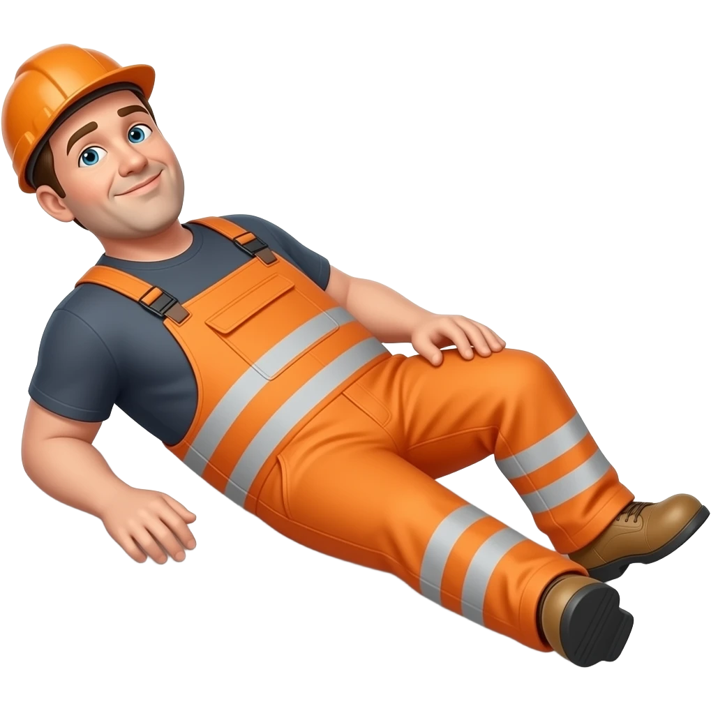 large MAN IN ORANGE HIVIS OVERALLS, laying on floor emoji