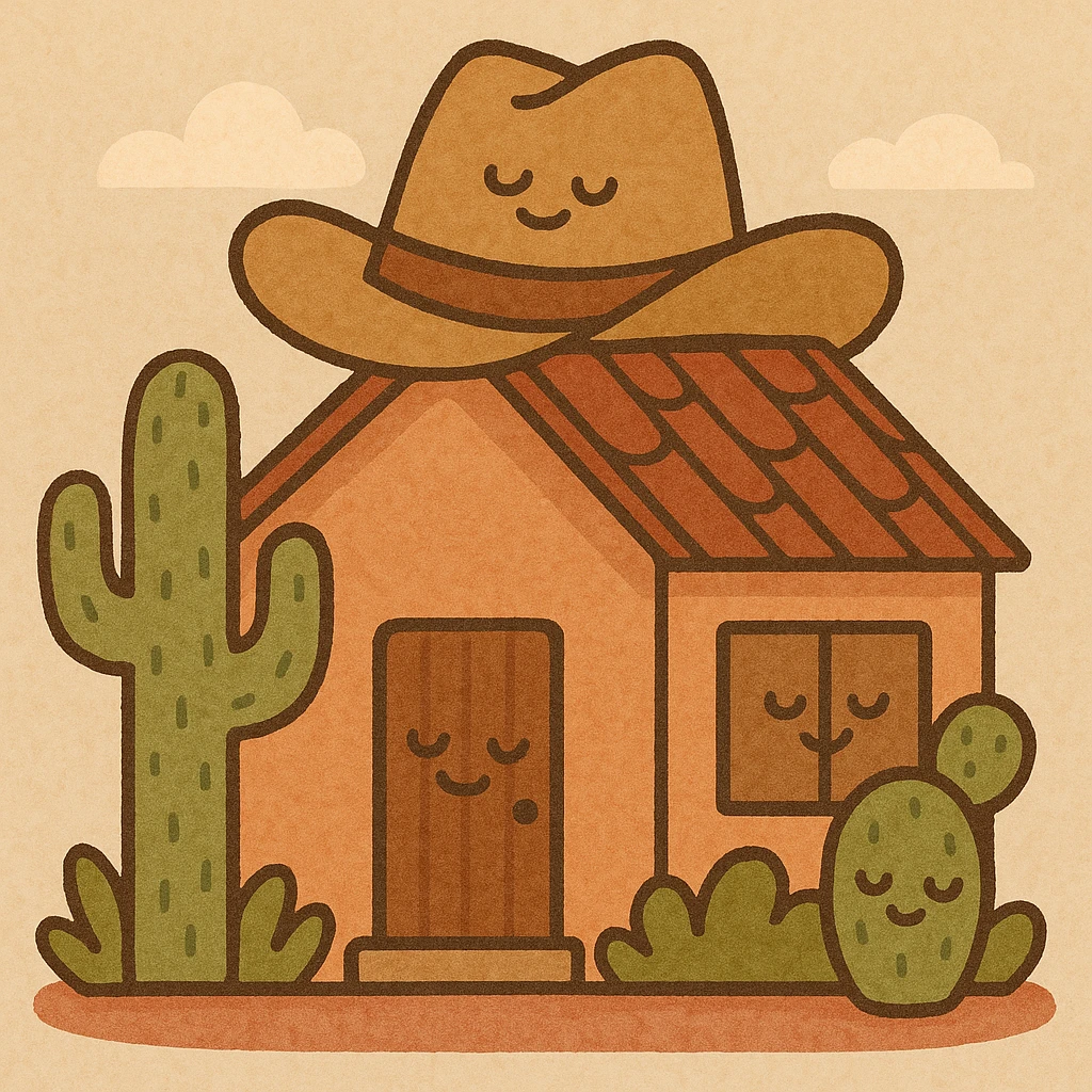 A modern home with a cowboy hat on the roof, cacti in front, Texas vibe emoji