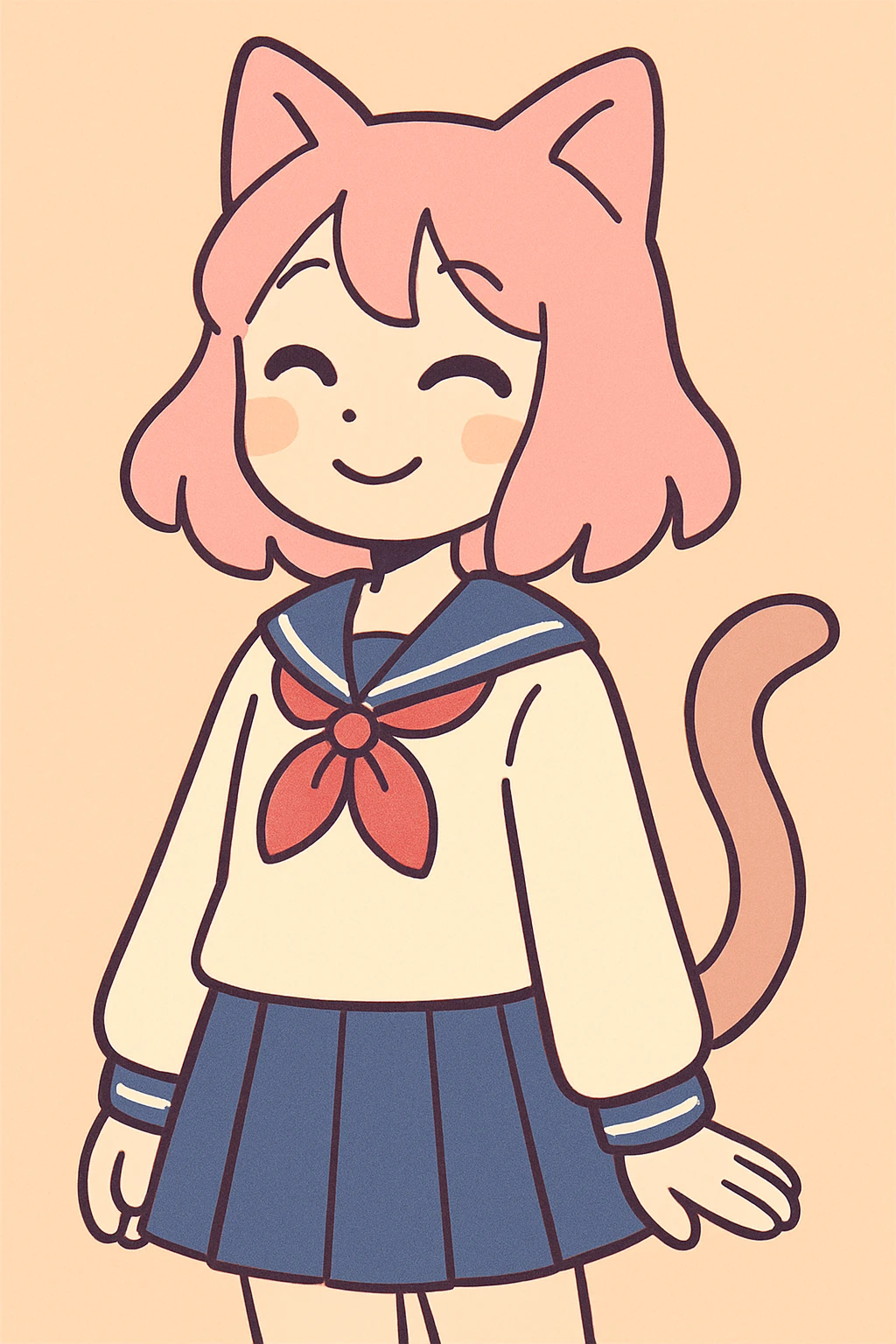 anime catgirl, pastel palette, soft shading, gentle smile, cat ears and tail, school uniform emoji