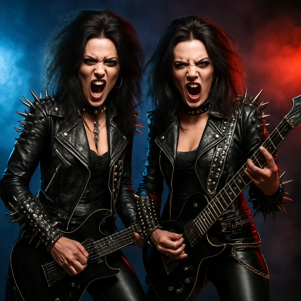 Gemini twins as heavy metal rockers, bold and edgy, metallic details, dramatic lighting emoji
