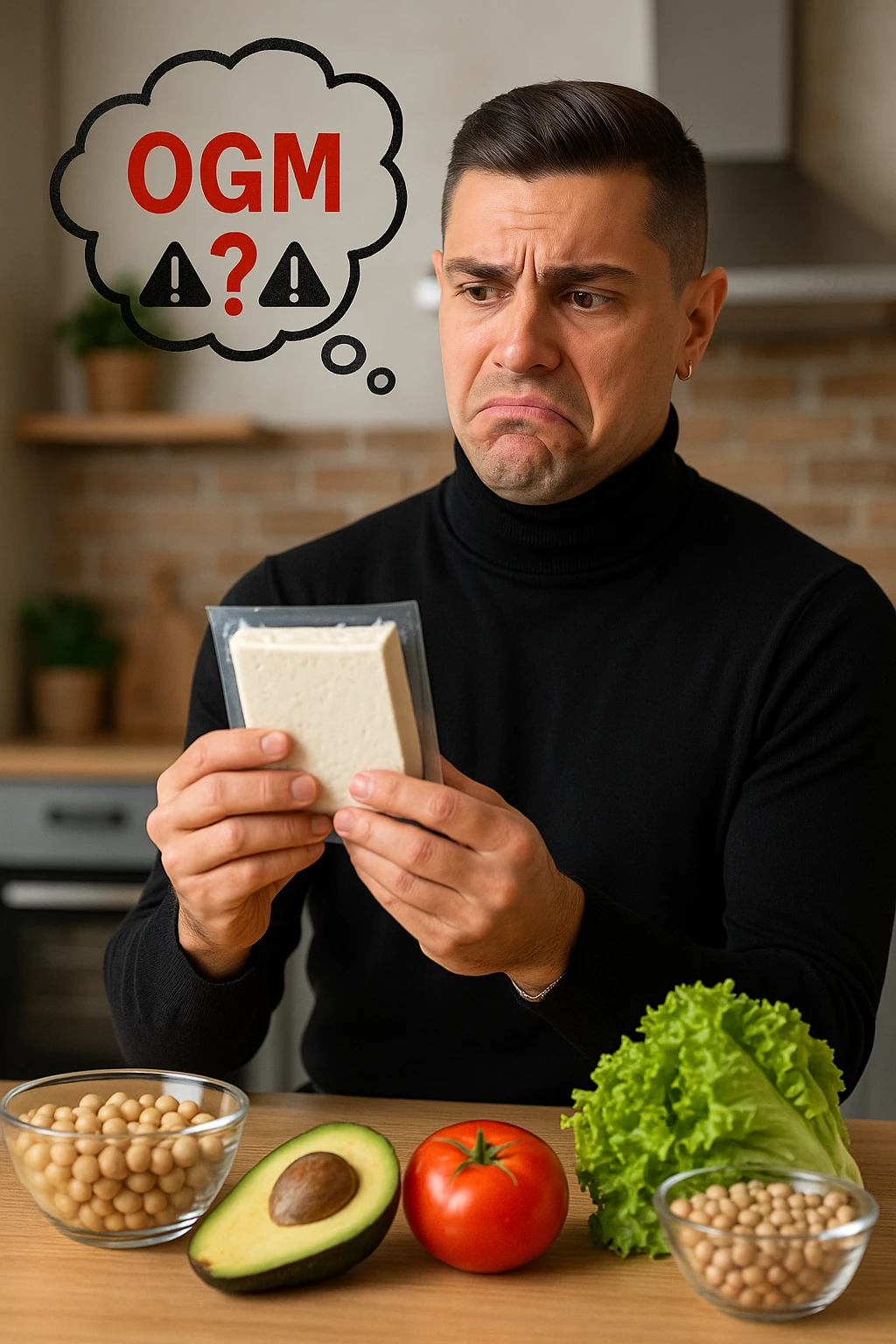 un uomo in cucina tiene in mano una confezione di soia o tofu, osservandola con un’espressione scettica e preoccupata. Sopra la confezione, una nuvoletta di pensiero mostra la scritta “OGM” evidenziata in rosso, accompagnata da un simbolo di allarme o un punto interrogativo. Sullo sfondo, altri alimenti naturali sono visibili sul tavolo, sottolineando la sua preferenza per prodotti non OGM. emoji