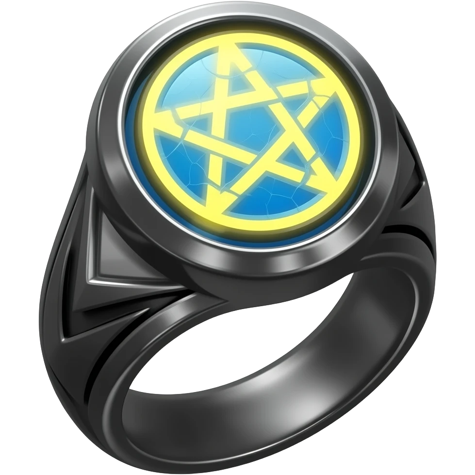 A black with with a large gem that's blue with a crack in it that glows yellow that has a pentacle carved into the gem emoji