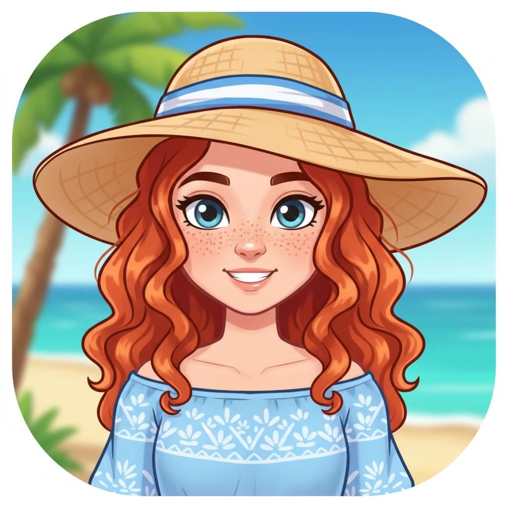 Girl wearing summer hat, red hair, front view,  Frontal Top-Down Soft Light, portrait, casual cartoon stylized game mobile emoji