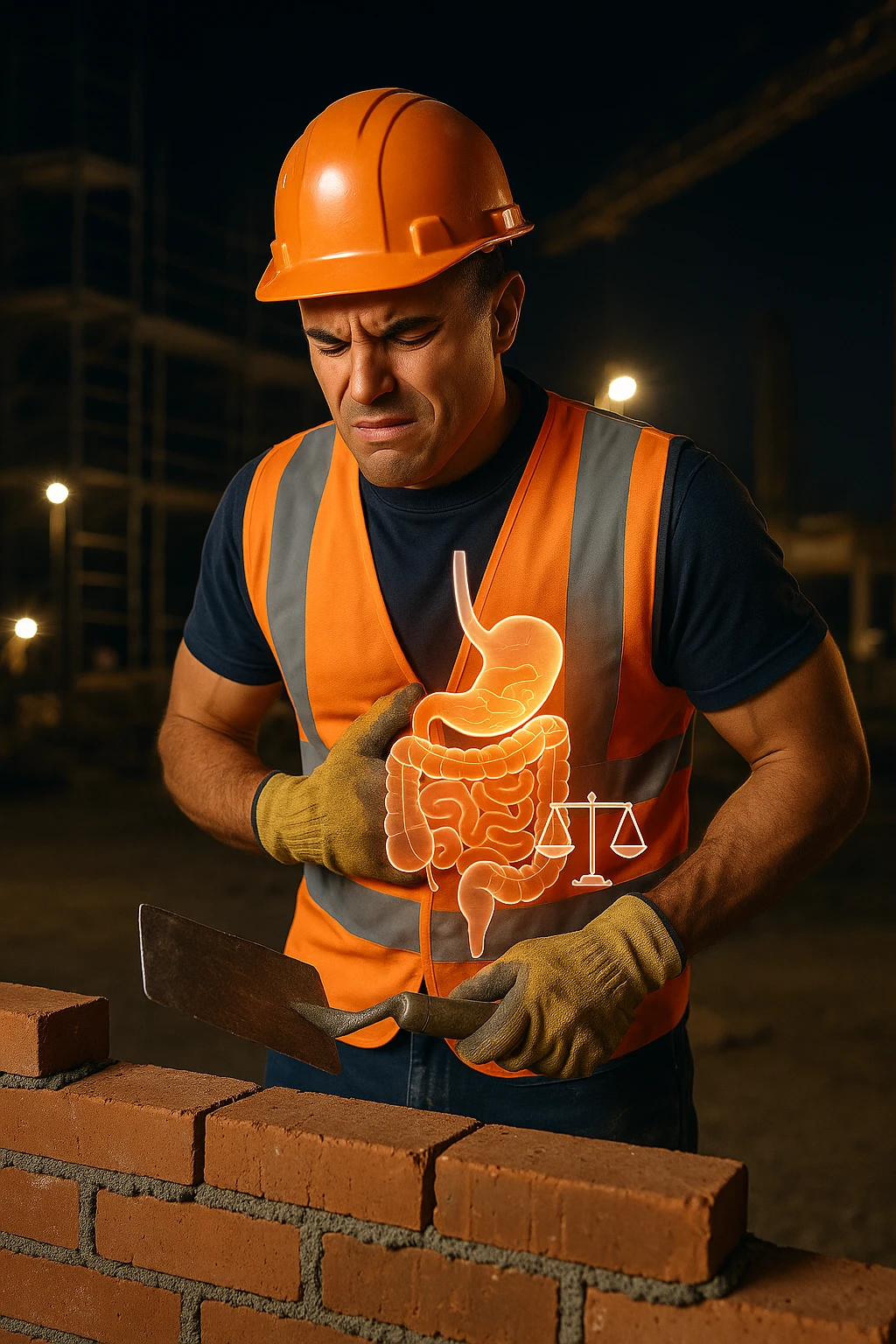 a construction worker in a reflective vest and hard hat is laying bricks at a nighttime construction site, illuminated by strong work lights. He pauses, one hand on his abdomen with a pained or uncomfortable expression, while the other holds a trowel. In the background, scaffolding and machinery are visible under the night sky. Subtle icons or overlays highlight digestive organs, suggesting the need for intestinal balance. emoji