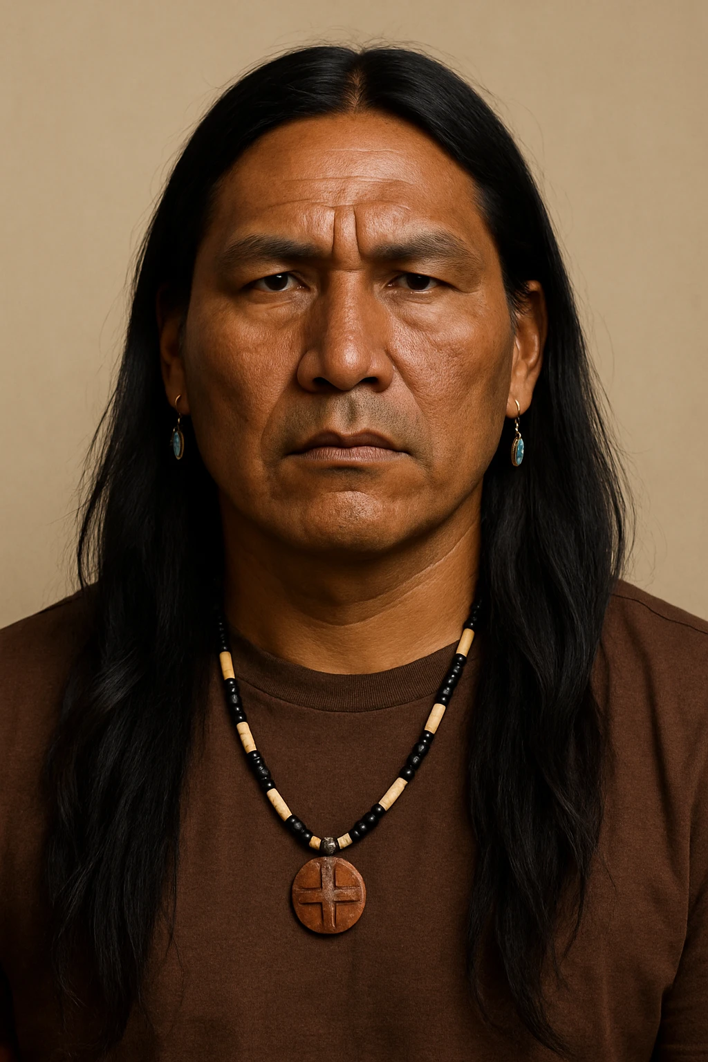 Native Indigenous man with long black hair and brown skin, serious expression, subtle cultural jewelry, plain background emoji