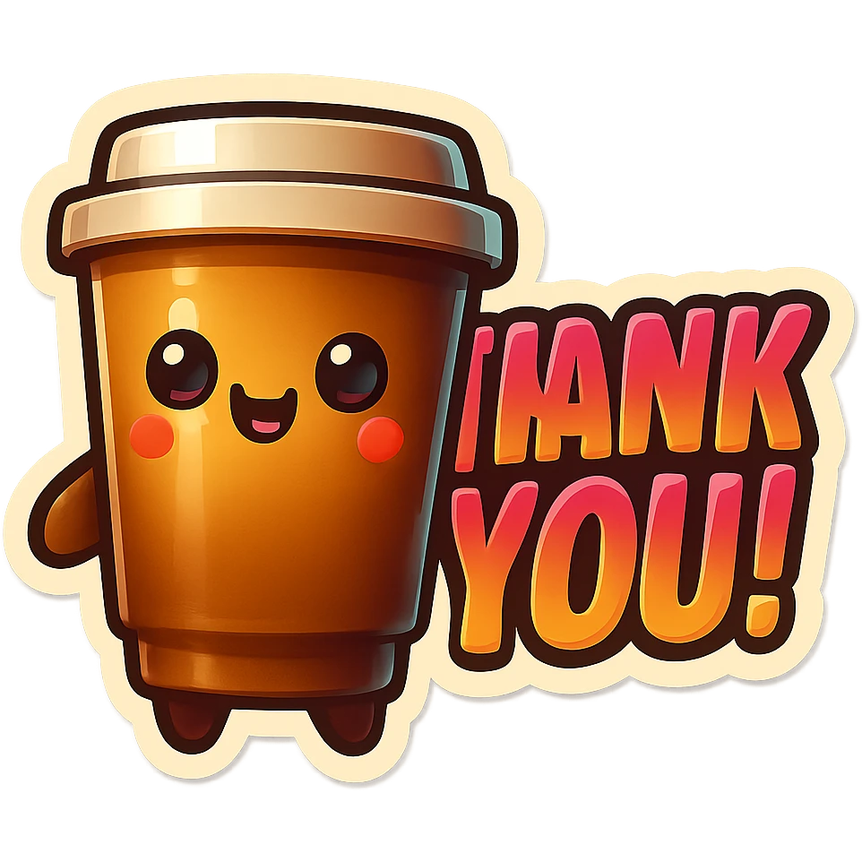 Tall coffee cup, big smile, big "THANK YOU!" emoji