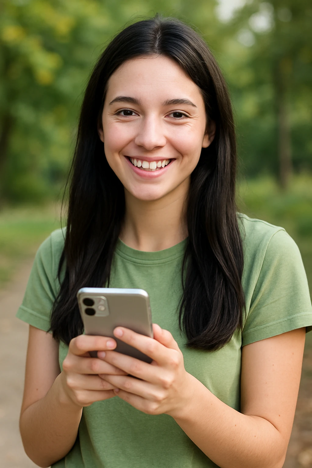 smiling white girl with long black hair holding cellphone emoji