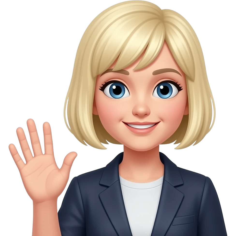 Much shorter pixie blonde hair and waving emoji