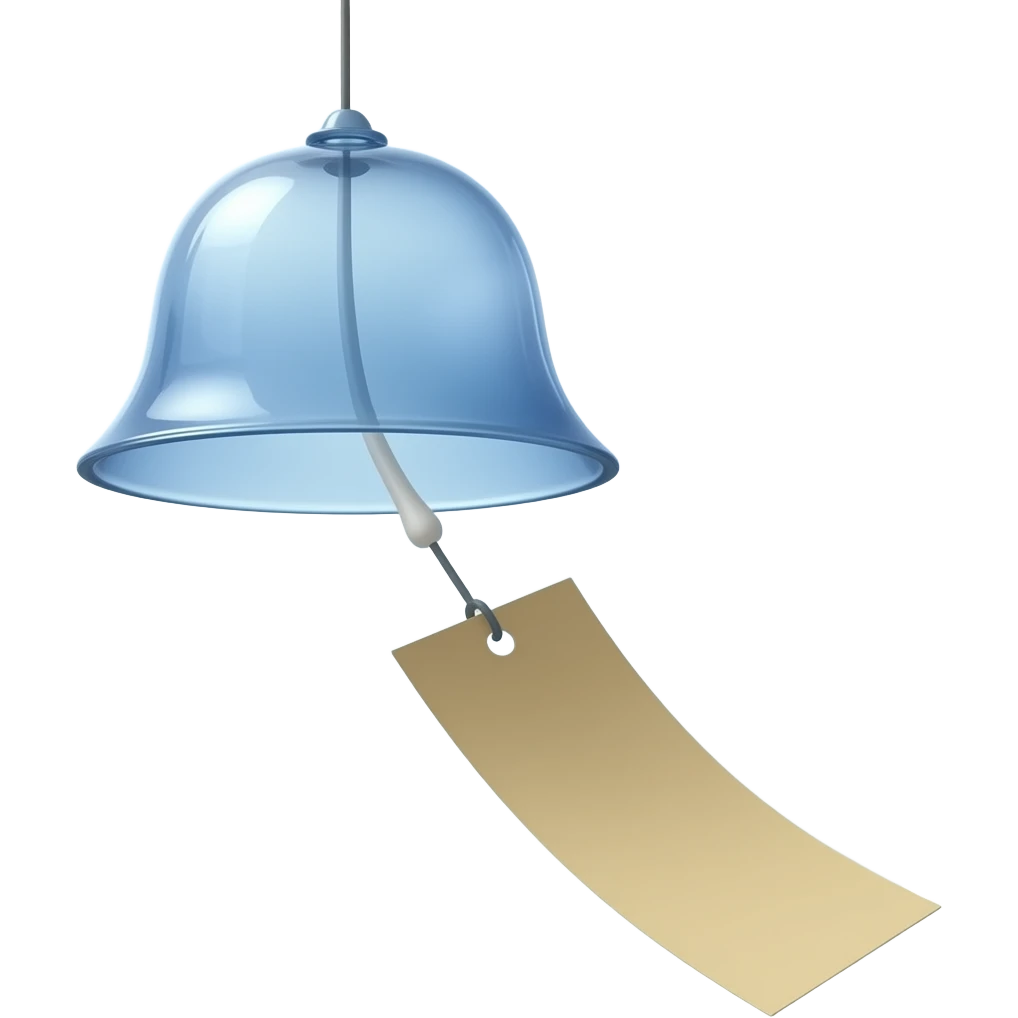 "A delicate Japanese furin wind chime hanging outdoors, with one rectangular paper strip attached below. The paper is a different color each time (random color), gently moving with the wind. Minimalist, soft lighting, calm atmosphere." emoji