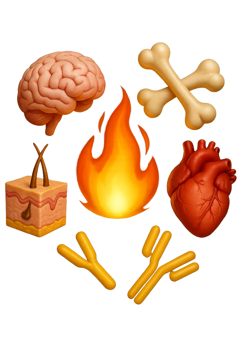 EMOJI STILE IPHONE 3D DI cervello, ossa, cuore, porzione di epidermide e cellule di anticorpi che girano in tondo, al centro di questi elementi c'è una fiamma 3d  FALLO MOLTO REALISTICO IN 3D emoji