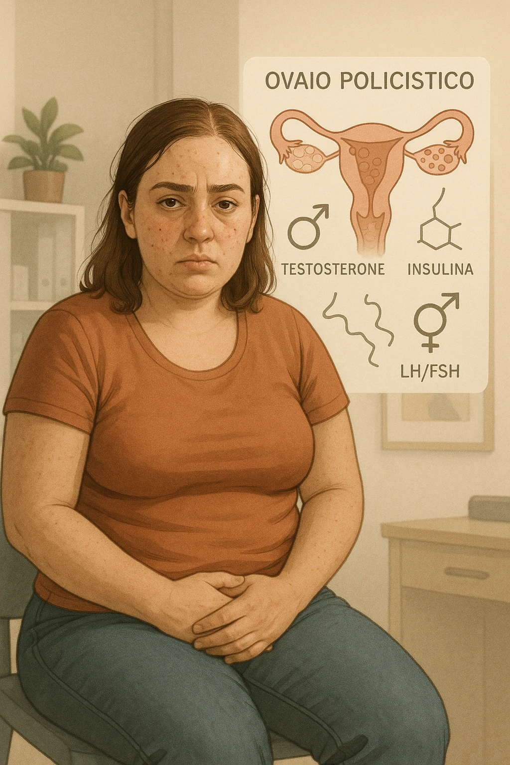 Donna tra i 25 e i 35 anni, con espressione stanca ma determinata, seduta in uno studio medico o nella sua stanza, con mani sul basso ventre. Sullo sfondo un diagramma trasparente o fluttuante di ovaie con cisti multiple, ormoni stilizzati in disequilibrio (testosterone, insulina, LH/FSH). Leggeri segni visivi di sintomi tipici: acne sul viso, lieve aumento di peso, capelli leggermente diradati in zona frontale. Ambiente realistico ma con elementi educativi e simbolici. Toni tenui ma caldi, stile empatico e informativo. in italiano emoji