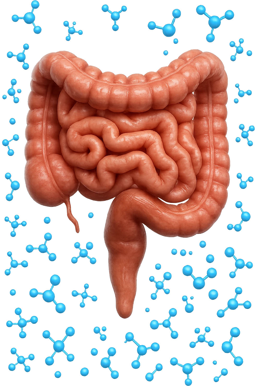 INTESTINO UMANO ANATOMICO CON MOLECOLE CHIMICHE BLU IN 3D CHE GLI FLUTTUANO INTORNO, IPERREALISTICO 4K emoji