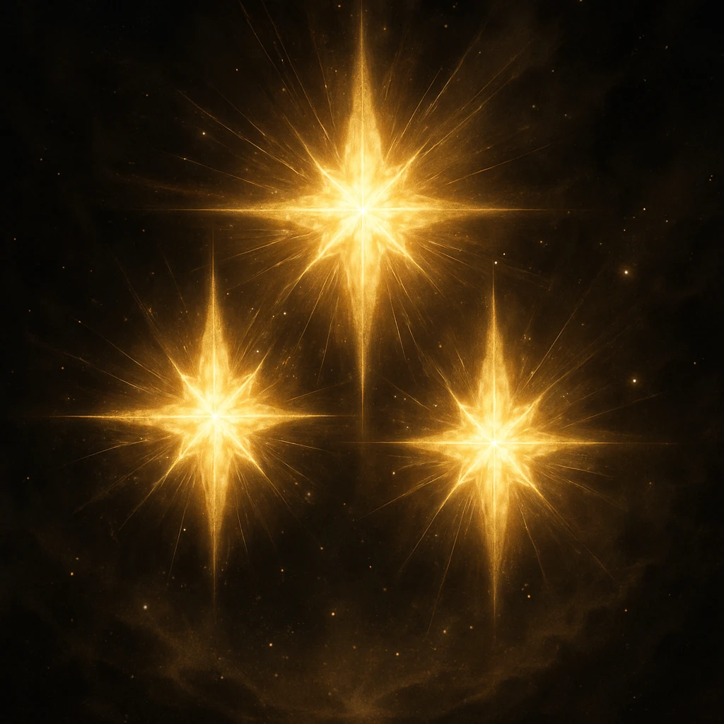 three stars grouped together, glowing and radiant, dramatic style, sparkling light, grandeur, majestic aura emoji