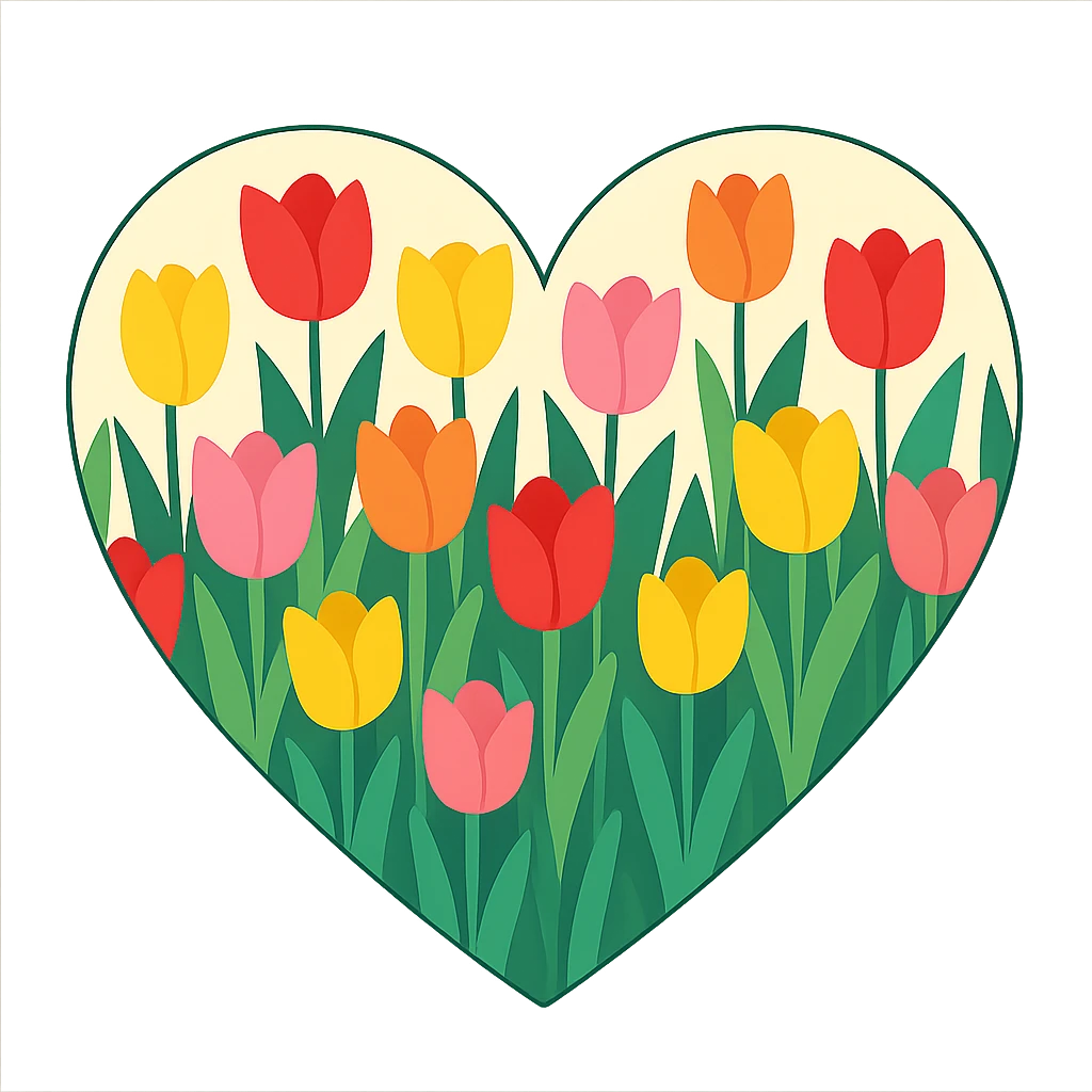 heart with a tulip field theme, clean digital illustration emoji