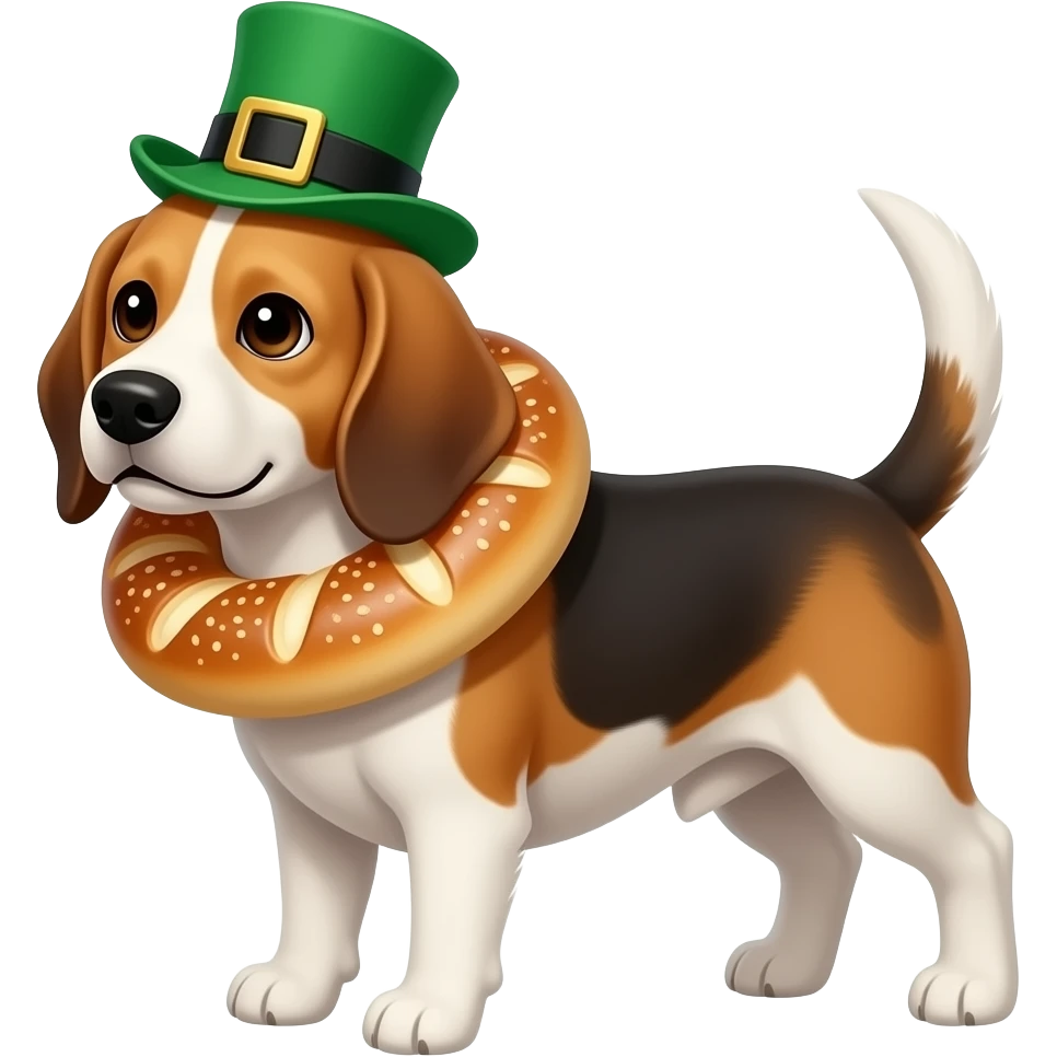 Beagle dressed for St Patrick’s day with bagel around its neck emoji