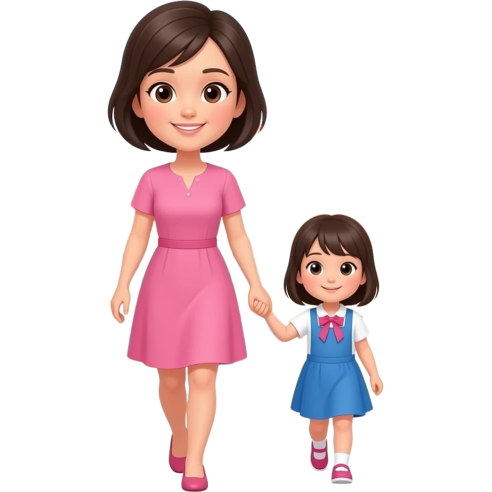 mujer de cabello oscuro y corto, con ojos color cafe, con vestido color rosa, llevando a su hija pequeña de la mano al colegio emoji
