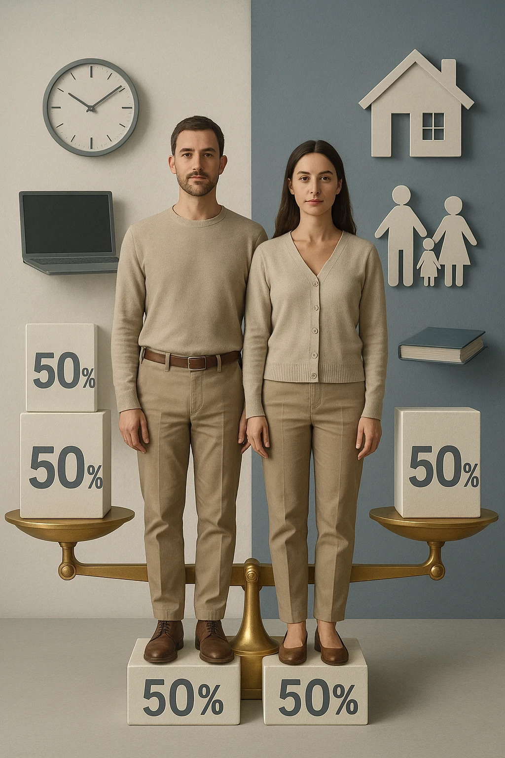 Uomo e donna in piedi l’uno accanto all’altra, al centro di una bilancia perfettamente in equilibrio. Entrambi vestiti in modo simile (moderno e neutro), con espressioni serene e rispettose. Sotto i loro piedi, due blocchi con scritto '50%' ciascuno. Sullo sfondo, elementi divisi simmetricamente: lavoro, famiglia, tempo libero, rappresentati equamente da entrambi. Atmosfera armoniosa, illuminazione equilibrata, colori neutri e simbolici (bianco, grigio, blu e oro). Stile realistico con accento simbolico sul concetto di equità in italiano emoji