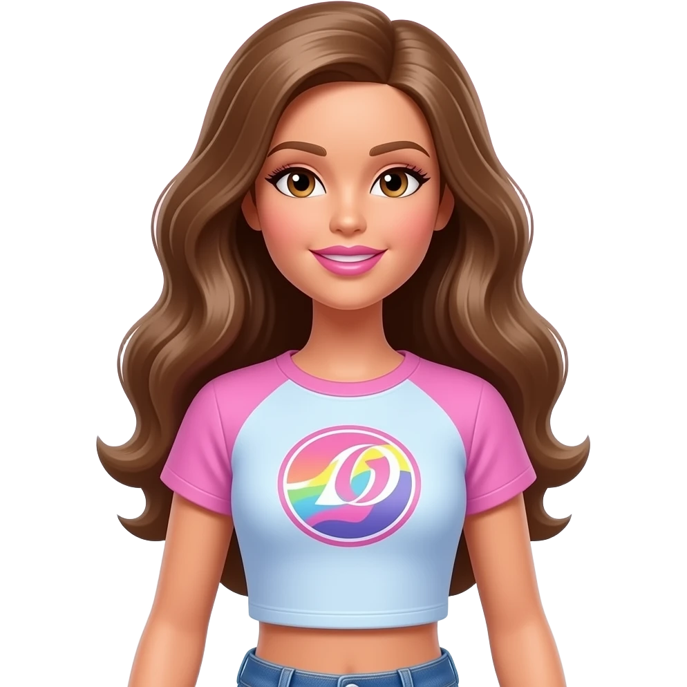 Long long brunette Barbie doll olive tan ish skin beautiful light brown hair and eyes pretty lips and natural eyeshadow and lipstick wearing a t shirt crop top with 90s theme style logo emoji