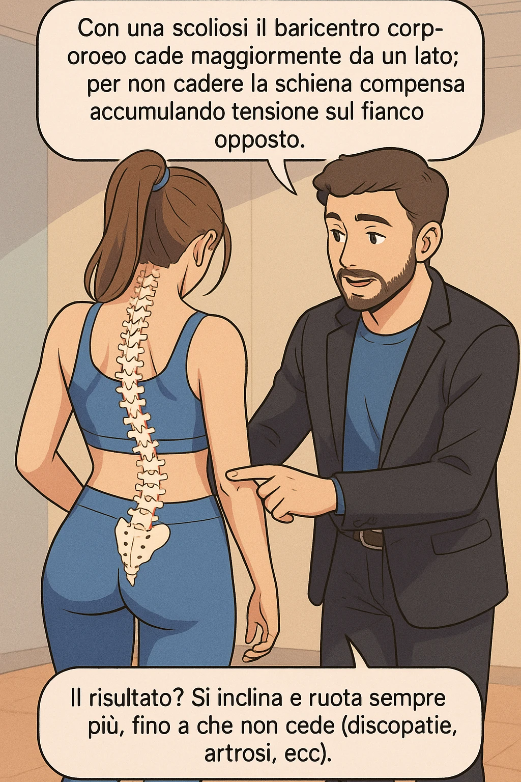 fai questa immagine in versione manga/webtoon a colori, il manga mostra la donna di spalle, mentre l'uomo le tocca la spina dorsale per spiegarle come funziona la scoliosi:
Con una scoliosi il baricentro corporeo cade maggiormente da un lato; per non cadere la schiena compensa accumulando tensione sul fianco opposto.
Il risultato? Si inclina e ruota sempre più, fino a che non cede (discopatie, artrosi, ecc) emoji
