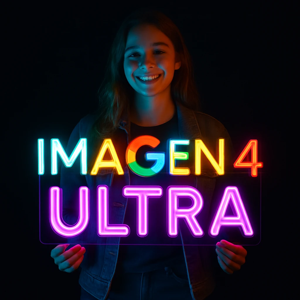 make a girl holding this sign, but sign in made of neon, also add ultra below the sign emoji