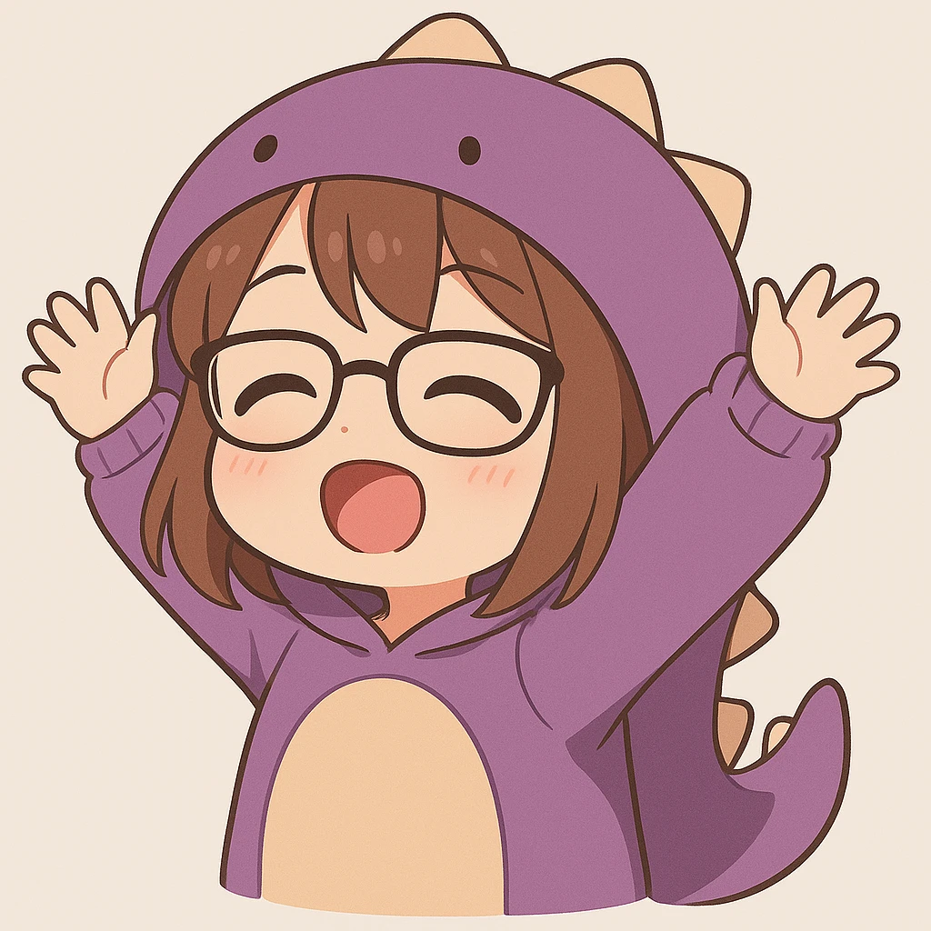 Chibi anime style gamer girl with glasses, brown hair, dark purple eyes, wearing a purple dinosaur costume, new pose with arms up in excitement, making a sleepy expression, no controller, no background, same style as reference. emoji