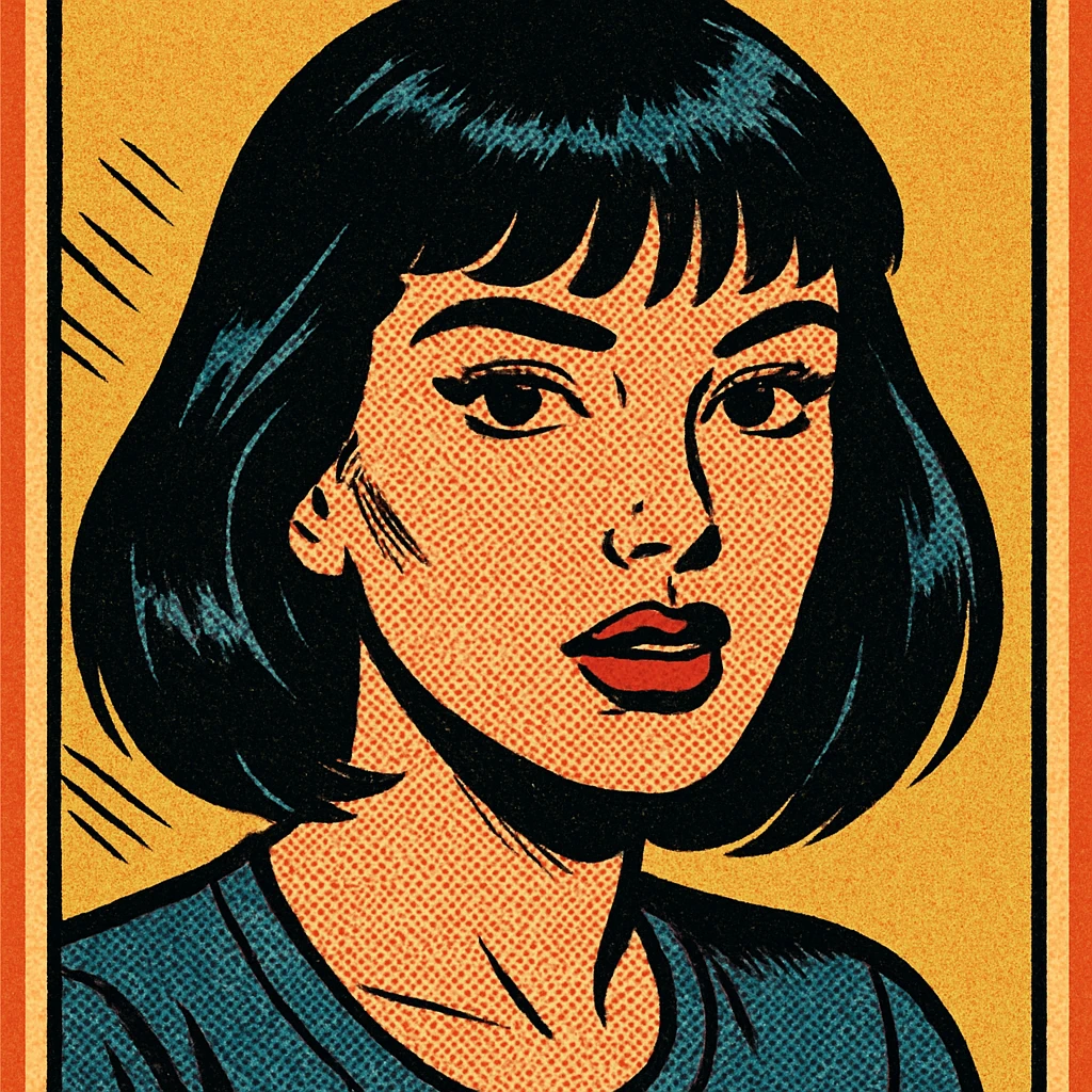 portrait of a girl with black shoulder-length hair, bangs, black almond-shaped eyes, full lips, and straight nose, old school comic book style emoji