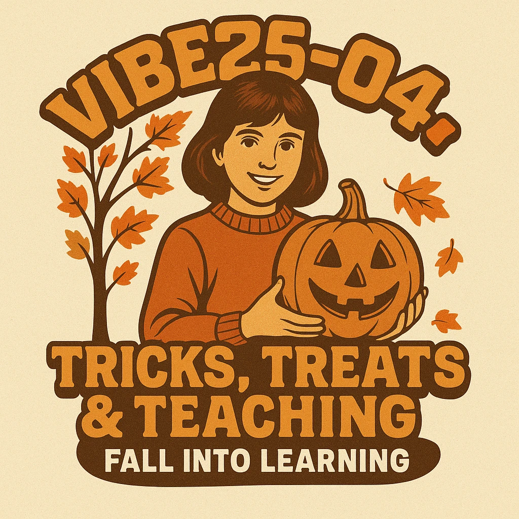 Create a logo that encompasses a retro 80's feel, nostalgic, ALSO RETRO.  Add the words "VIBE25-04: Tricks, Treats & Teaching: Fall Into Learning" emoji