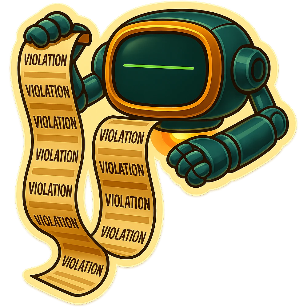 auditor robot prints out violations from a slot.  no legs. the robot hovers emoji