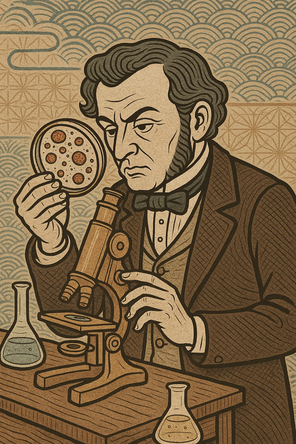 a victorian scientist carrying out an experiment with petri dish and microscope emoji
