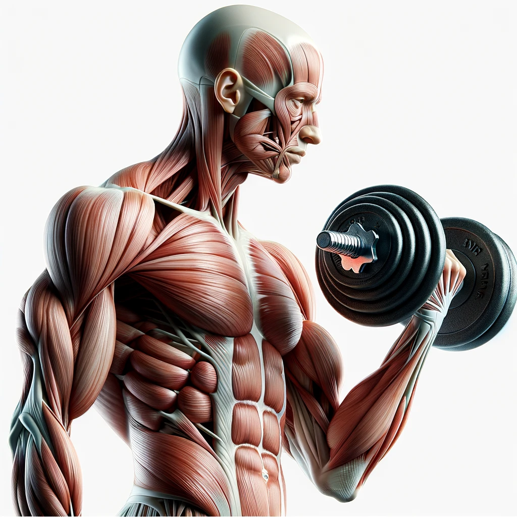 corpo umano anatomico con manubri da palestra in mano, iperrealistico 4k, isolato su sfondo bianco emoji