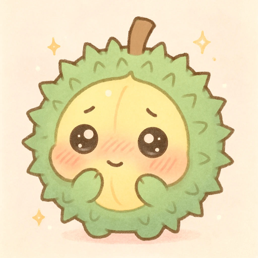 cute, round chibi durian with green spikes, yellow inside, blushing, shy expression, sparkly eyes, pastel colors emoji