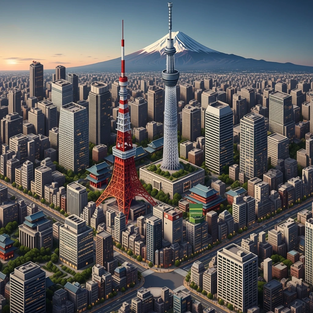 Isometric illustration of Tokyo, with photorealistic detailed miniature cityscape included Tokyo Tower, Skytree, Shibuya Crossing, Mount Fuji in background, balanced colors, subtle 3D miniature effect, no cartoonish look, transparent background. emoji