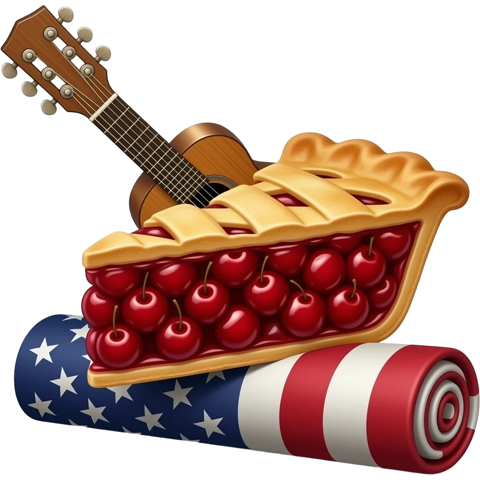 A guitar peeks out from a piece of cherry pie that is placed on a rolled-up old American flag. emoji