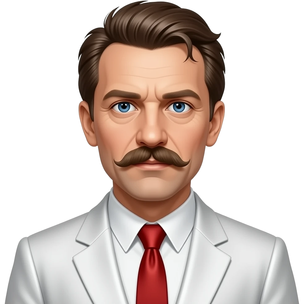 Sergei Eisenstein with dark blue eyes, brown wild hair, white metallic shirt, white metallic suit jacket, red metallic tie emoji