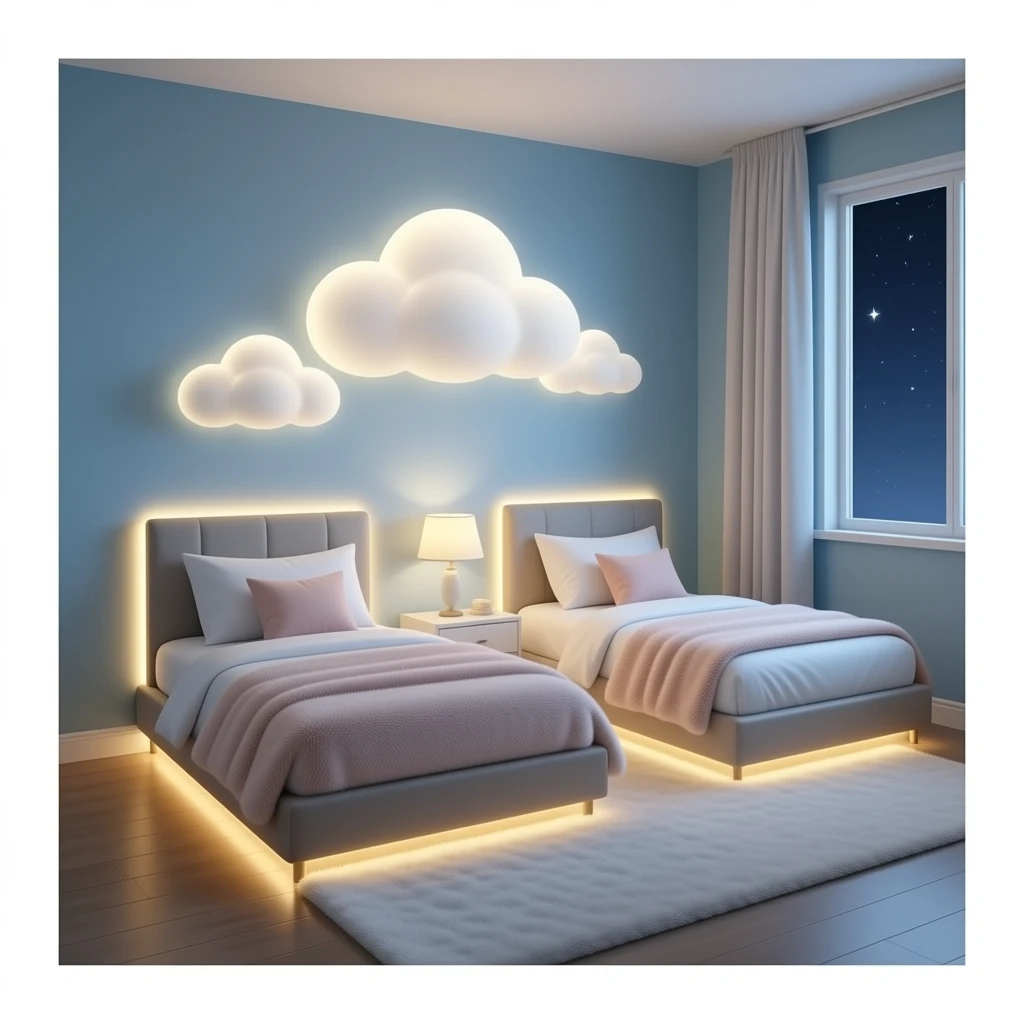 Sky bed 2 beds and ldc lights  and cozy fuzzy blankets emoji