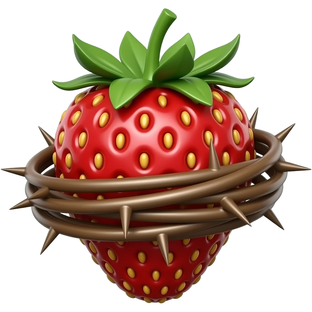 steampunk - a rusty metal structure with many rivets in the shape of a metal strawberry. An oversized crown of thorns is wrapped around the strawberry's body and is spinning around its body emoji