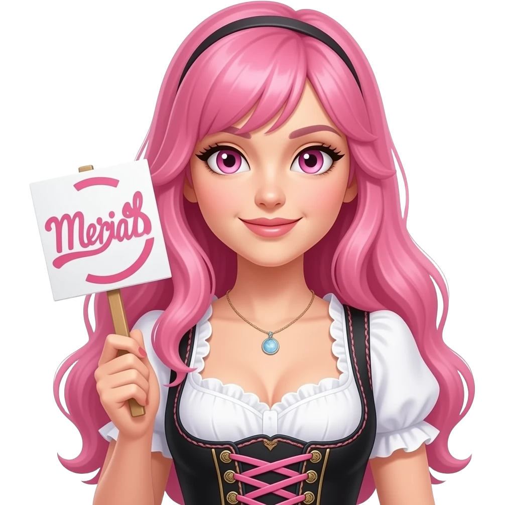 sexy girl with long pink hair and pink eyes wearing a dirndl holding a NEIN sign emoji