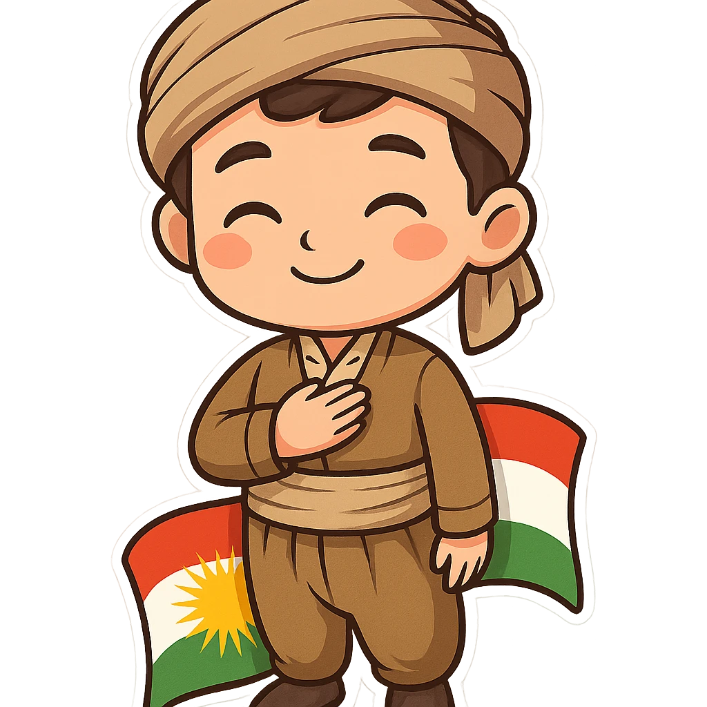 cartoon sticker of a Kurdish boy in traditional clothing, hand on chest (salute) pose, gentle smile, colorful and cheerful, no text, suitable for WhatsApp and Instagram emoji