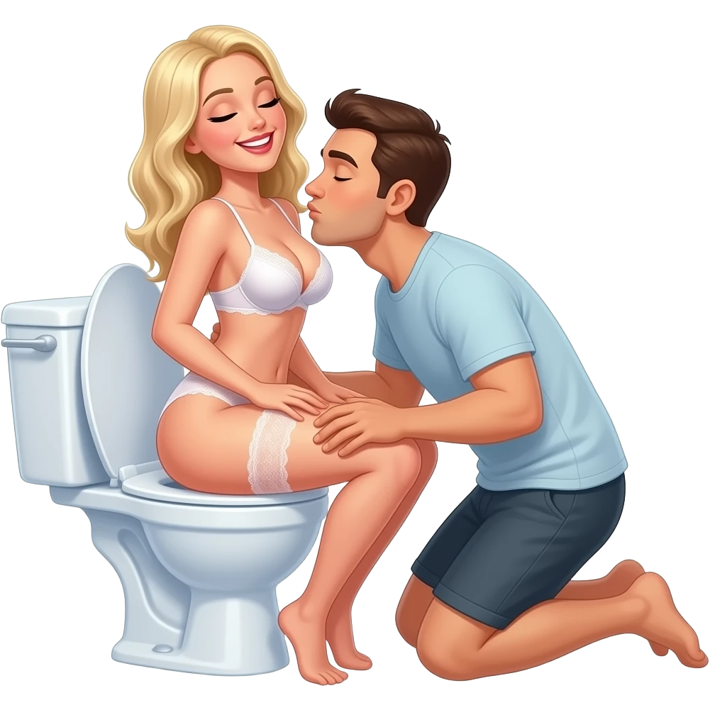 White blonde woman in lingerie sits backwards on open toilet holding her butt open while man knees behind her kissing her butt. Eyes closed smiling emoji