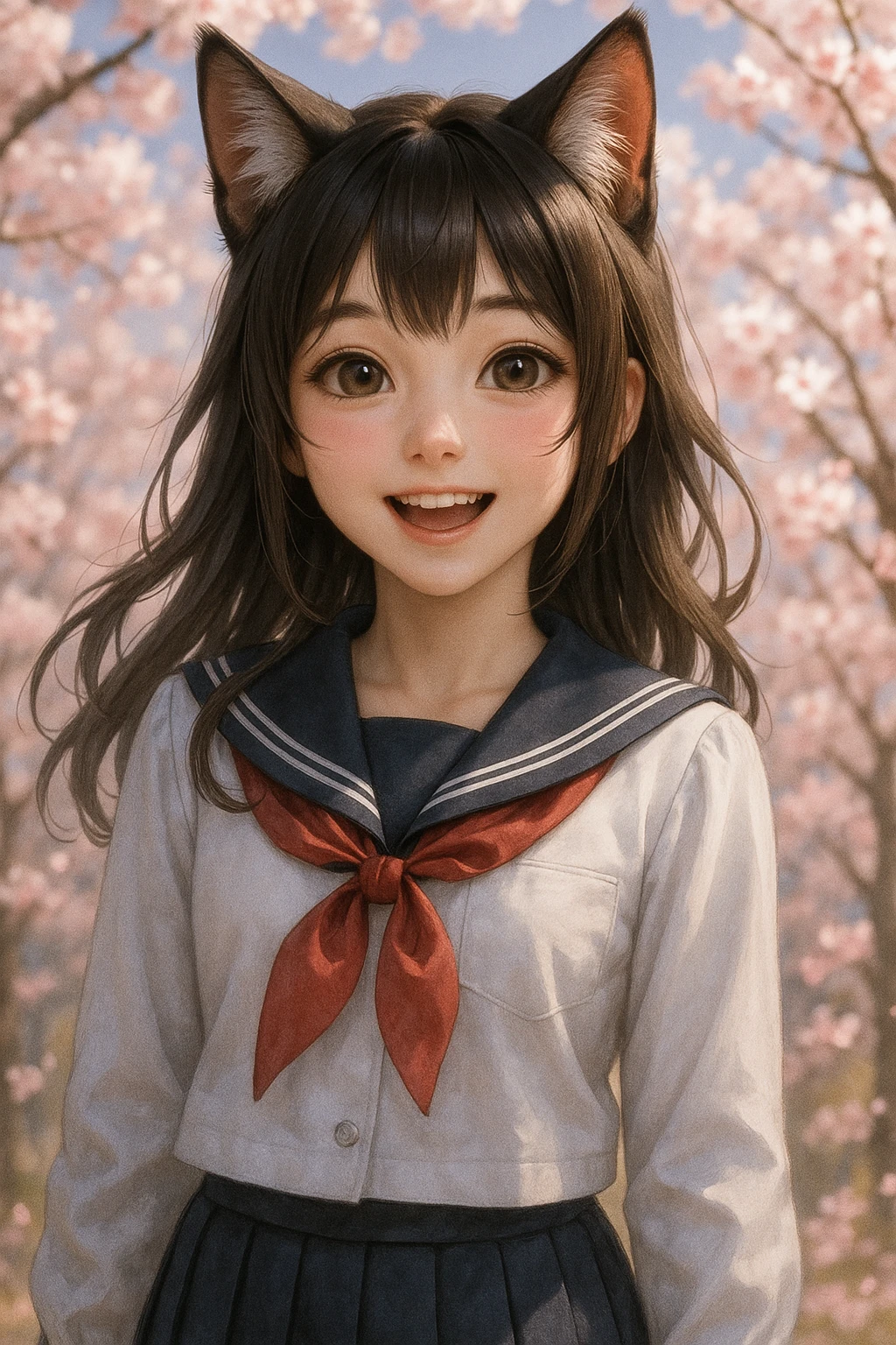 realistic anime catgirl in a school uniform, cherry blossom background, cheerful expression emoji