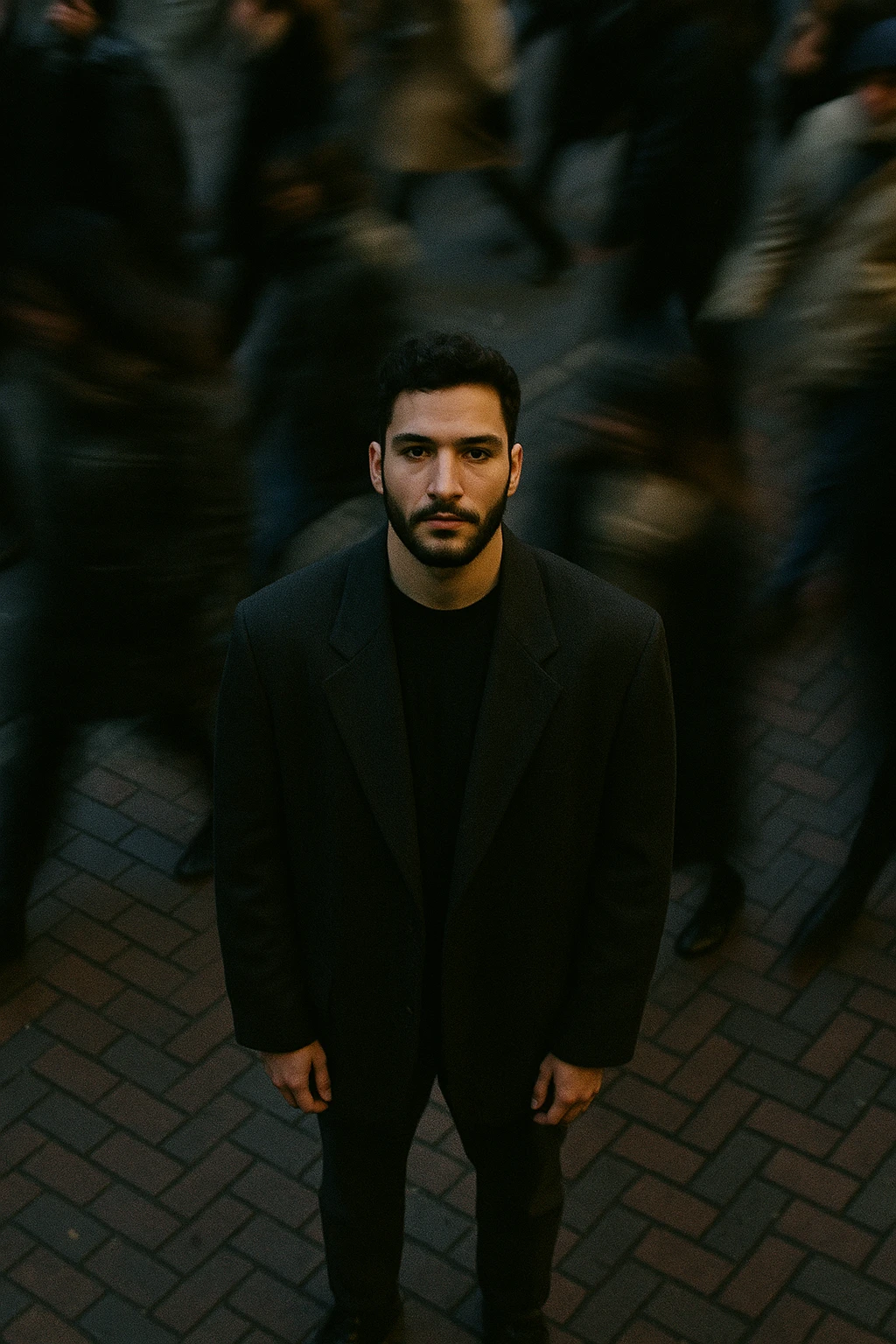 overhead shot of me standing still on a brick city sidewalk, wearing a dark oversized blazer,
motion-blurred crowd rushes past around me. Moody lighting, 35mm film look, shallow depth of field, sharp focus on me. emoji