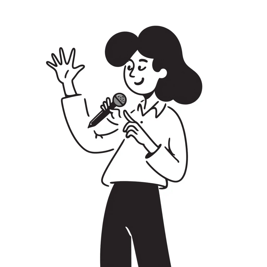 joyful singer with big smile holding a microphone in left hand and pencil in right hand emoji