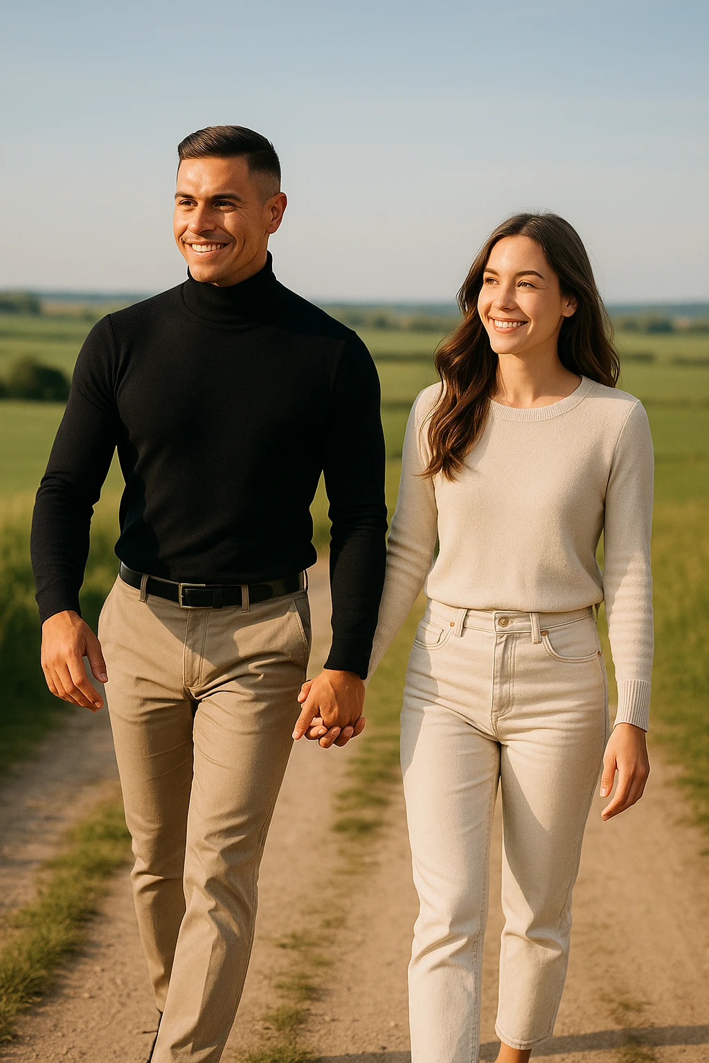 a couple walks together along a path, the man gently leading the way while the woman follows with trust and a smile. Both appear confident and content, symbolizing partnership and mutual respect. The background is a bright, open landscape, evoking a sense of shared journey and harmony. emoji