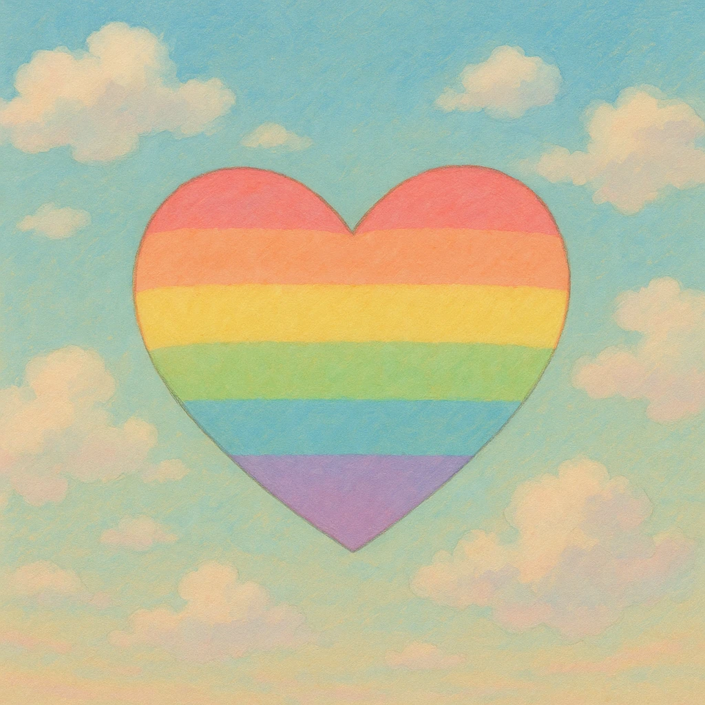 rainbow pride heart, ghibli style, no text, pastel color palette emoji